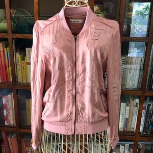 Embroidered satin bomber light weight zip up